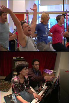 Top: Raul Esparza (center) and the cast of Taboo; Bottom: Composer Jeanine Tesori and lyricist-librettist Tony Kushner of Caroline, or Change