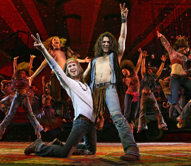 Gavin Creel, Will Swenson, and company in HAIR; photo by Joan Marcus